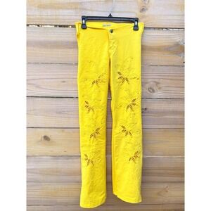 Virgin Only Yellow Floral Embroidered Low Rise Rhinestone Eyelet Pants Y2K 28W